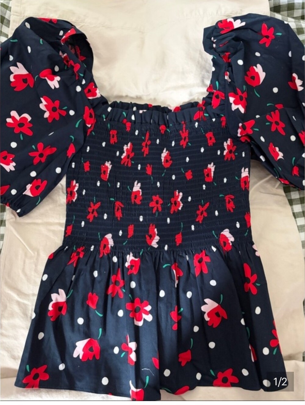 kate spade Navy Red Floral Smocked Puff-Sleeve Dress - Picture 5 of 6